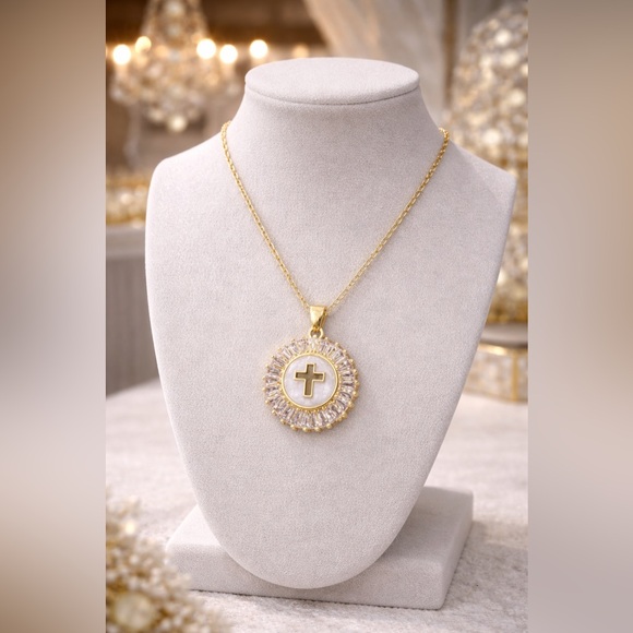Gold Cut-Out Cross Medallion Necklace with Mother-of-Pearl & CZ Halo - Picture 3 of 3